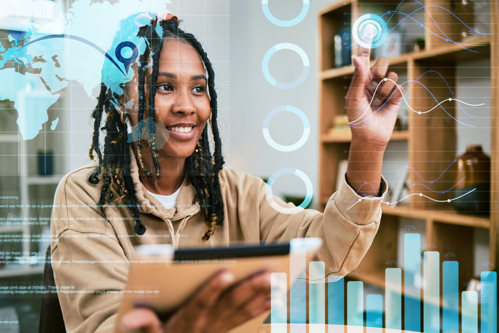 Tablet, world map data and woman pointing at digital info, globalization or online marketing education. Chart overlay, travel location data and black student with interactive hologram infographic