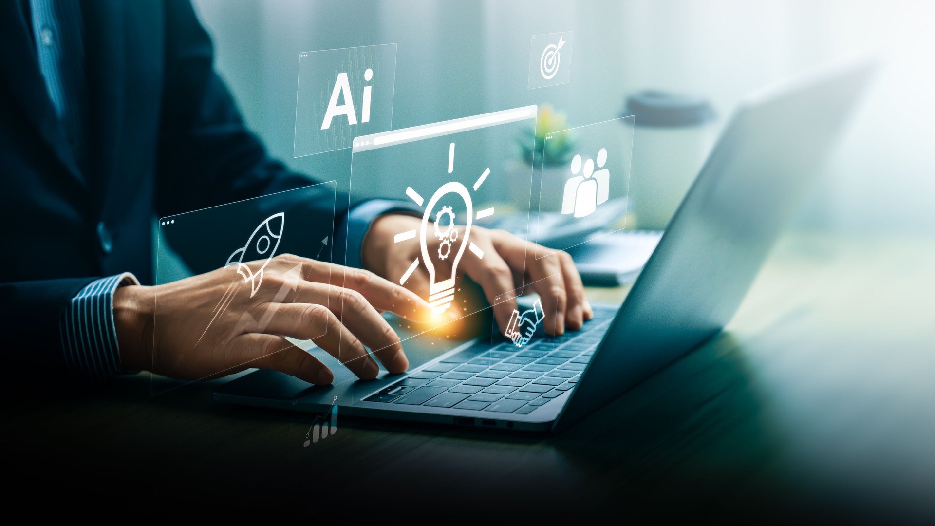 Innovation and Idea Concept Depicted Through Digital Icons Including AI, Lightbulb, and Rocket Symbolizing Creativity, Business Solutions, and Future Growth Strategies in Technological Environment